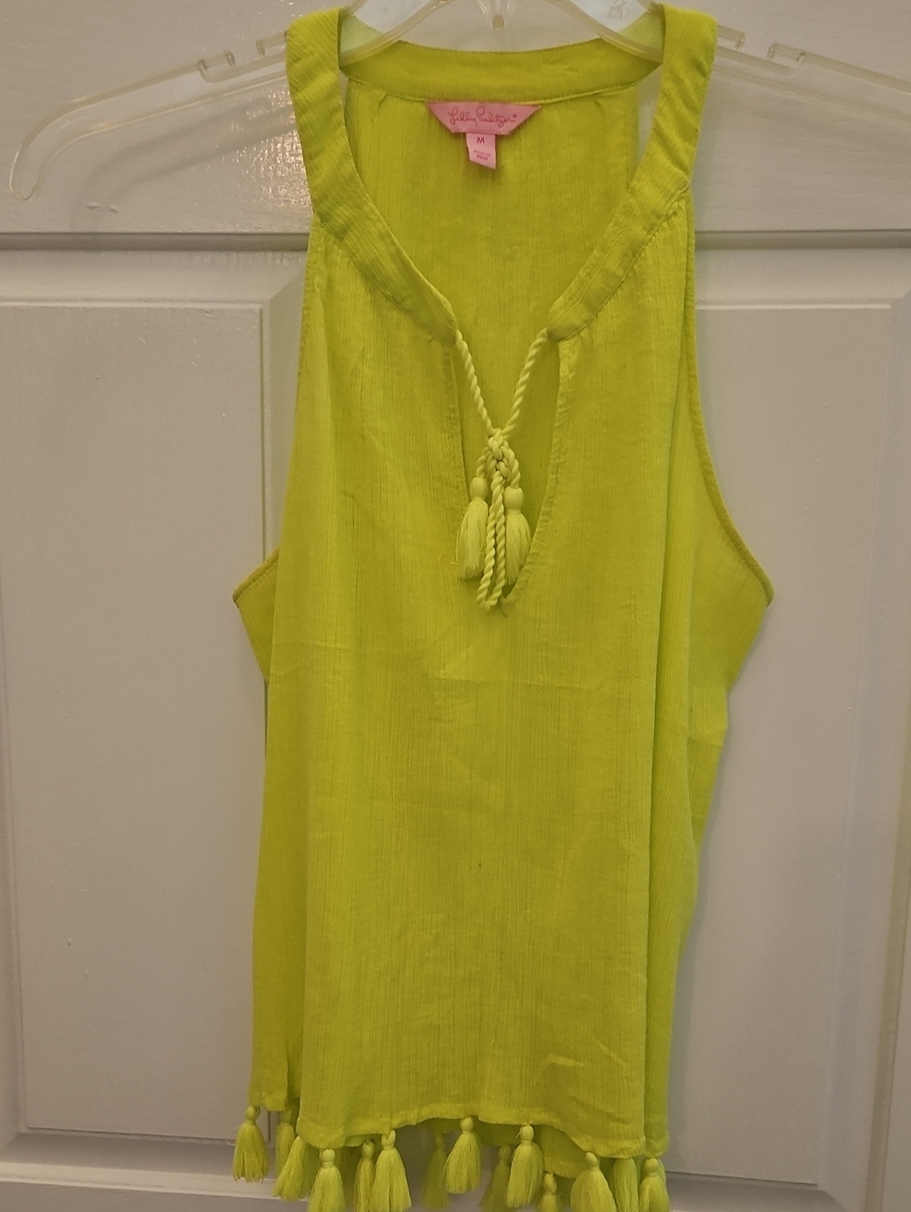 Lilly Pulitzer Chartreuse Tank Top Gauze With Tassel Trim & Tie Neck